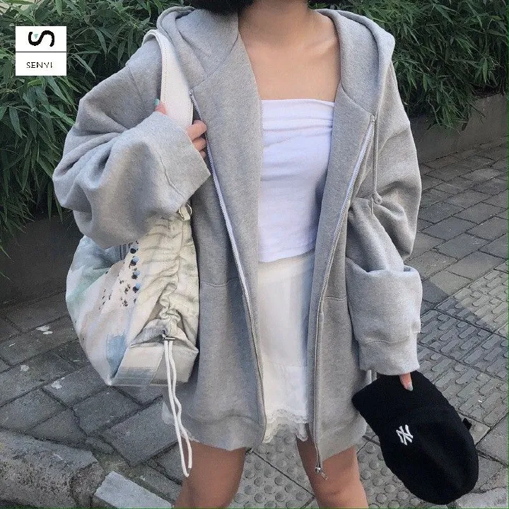SENYI Gray hooded sweatshirt for women new loose plus velvet casual sports jacket spring and autumn long-sleeved zipper cardigan top