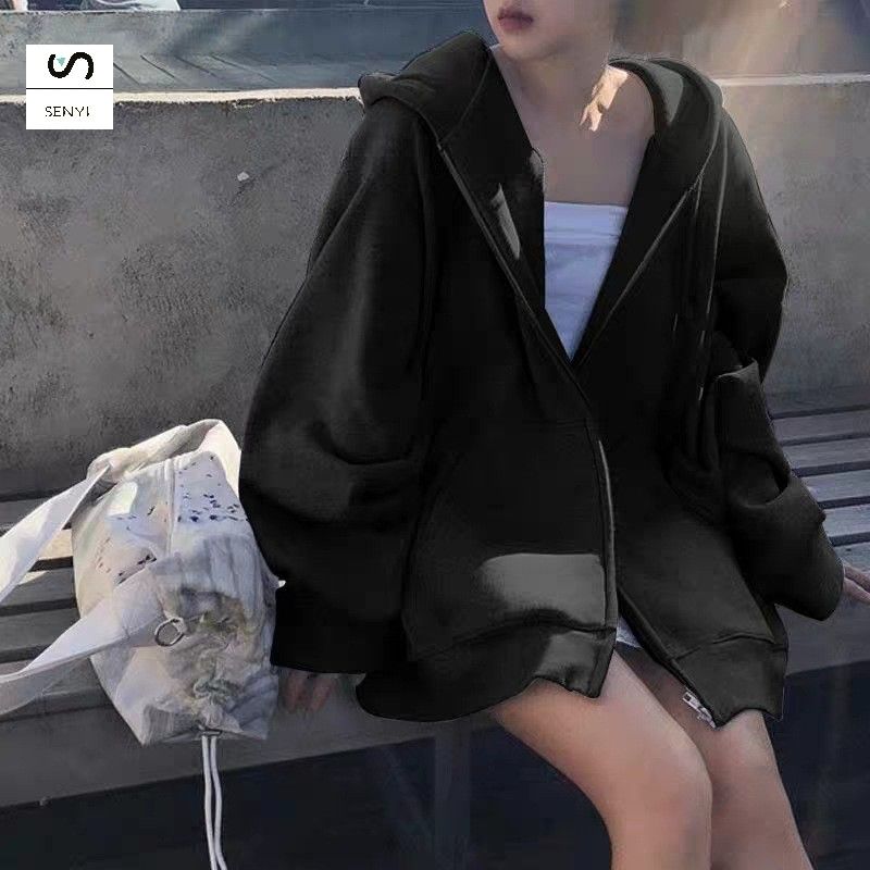 SENYI Gray hooded sweatshirt for women new loose plus velvet casual sports jacket spring and autumn long-sleeved zipper cardigan top