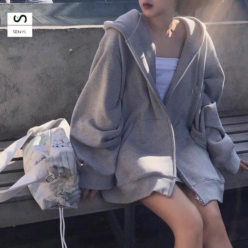 SENYI Gray hooded sweatshirt for women new loose plus velvet casual sports jacket spring and autumn long-sleeved zipper cardigan top