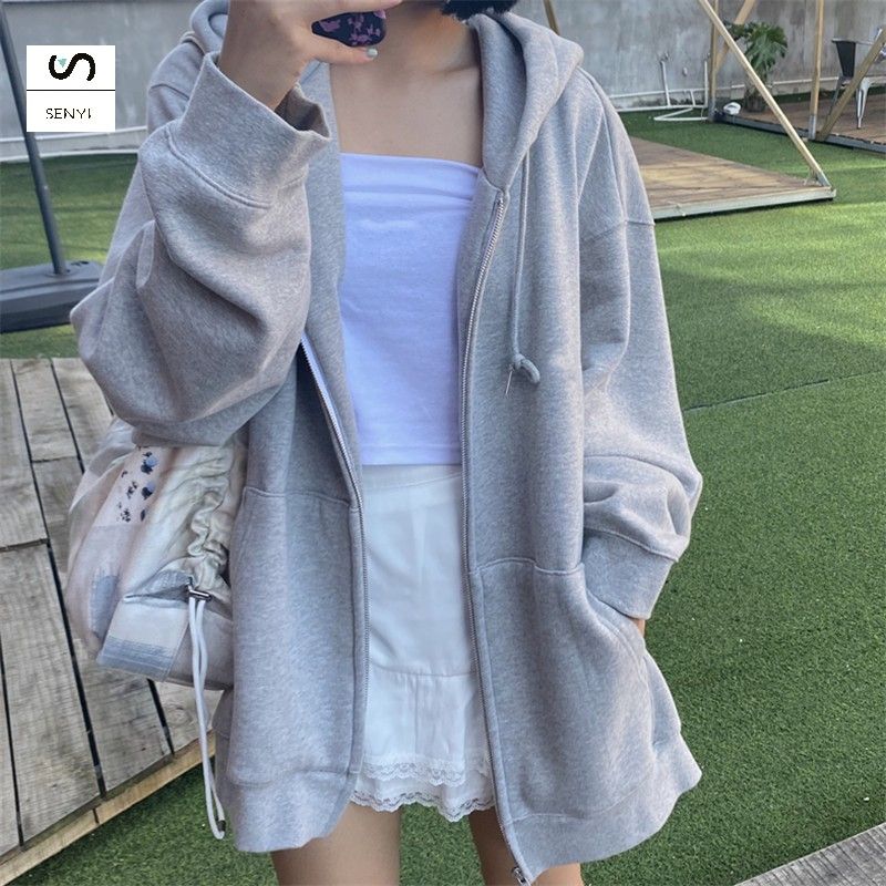 SENYI Gray hooded sweatshirt for women new loose plus velvet casual sports jacket spring and autumn long-sleeved zipper cardigan top