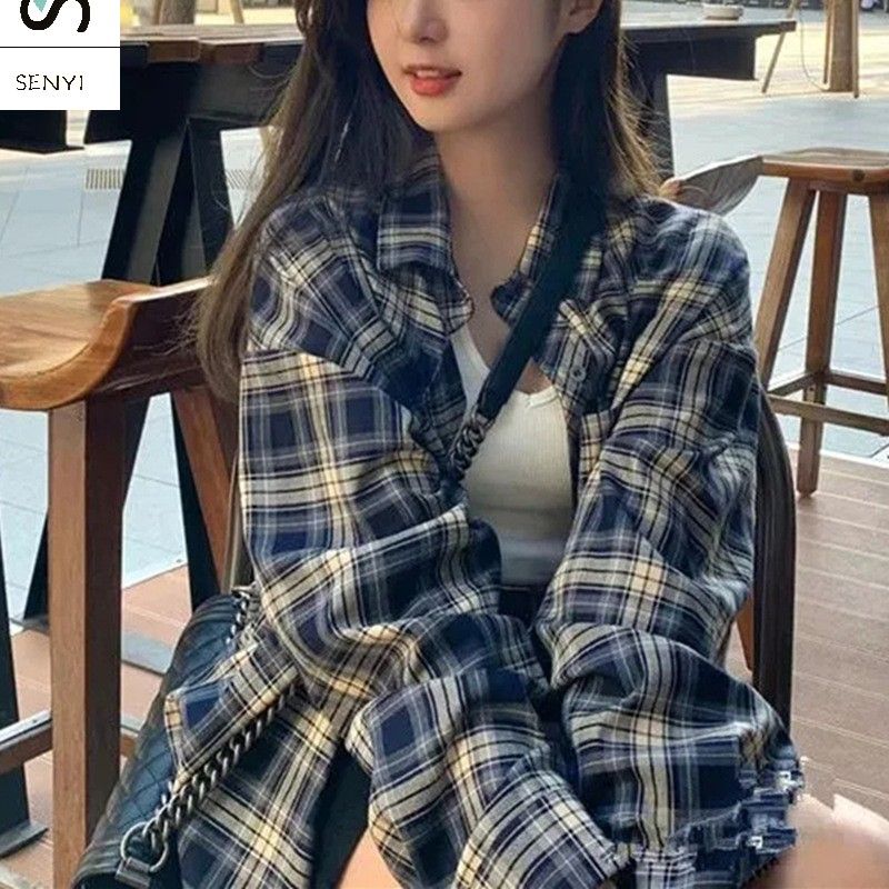 SENYI Plaid shirt women's tops spring and summer Korean loose lazy style retro long-sleeved shirt cardigan jacket