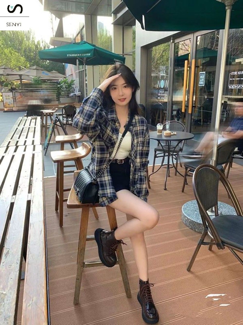 SENYI Plaid shirt women's tops spring and summer Korean loose lazy style retro long-sleeved shirt cardigan jacket