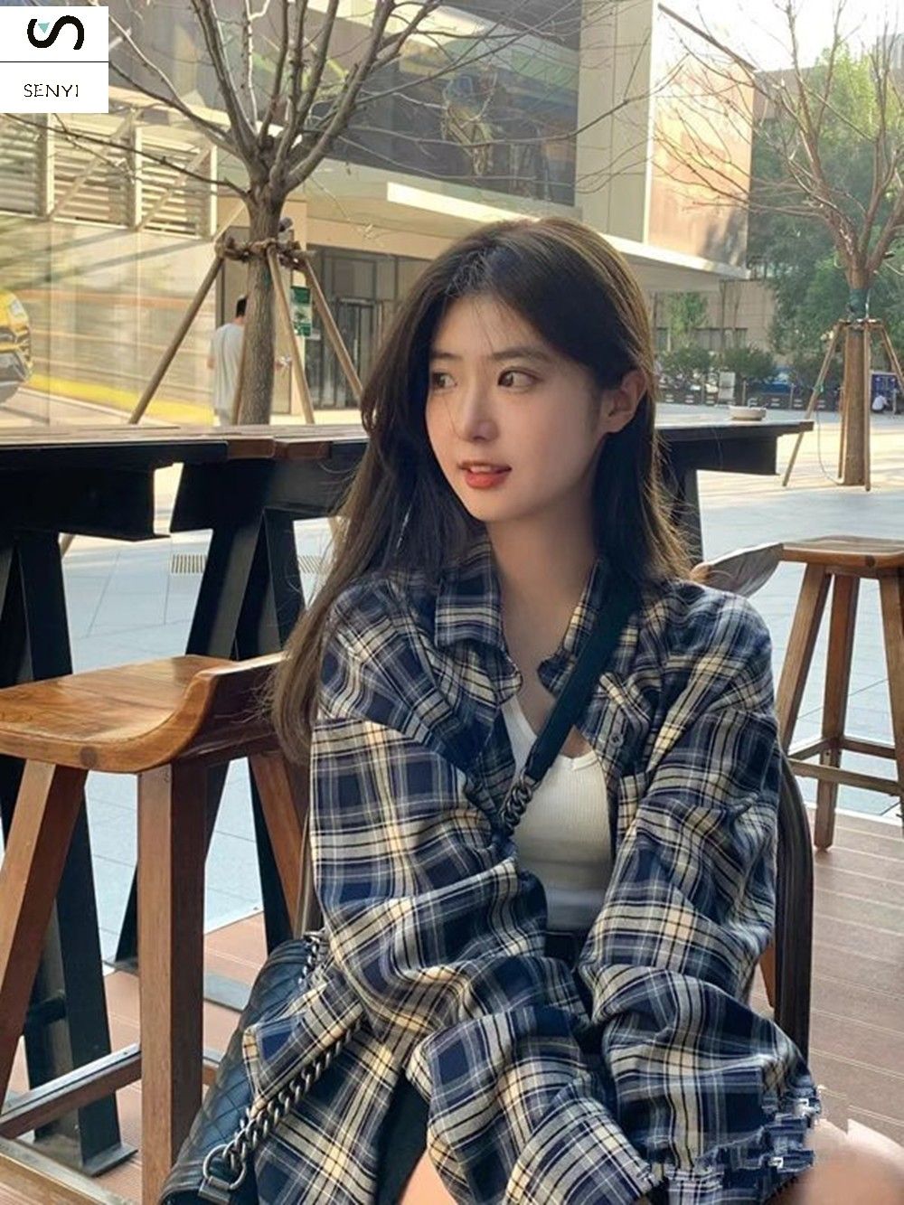 SENYI Plaid shirt women's tops spring and summer Korean loose lazy style retro long-sleeved shirt cardigan jacket