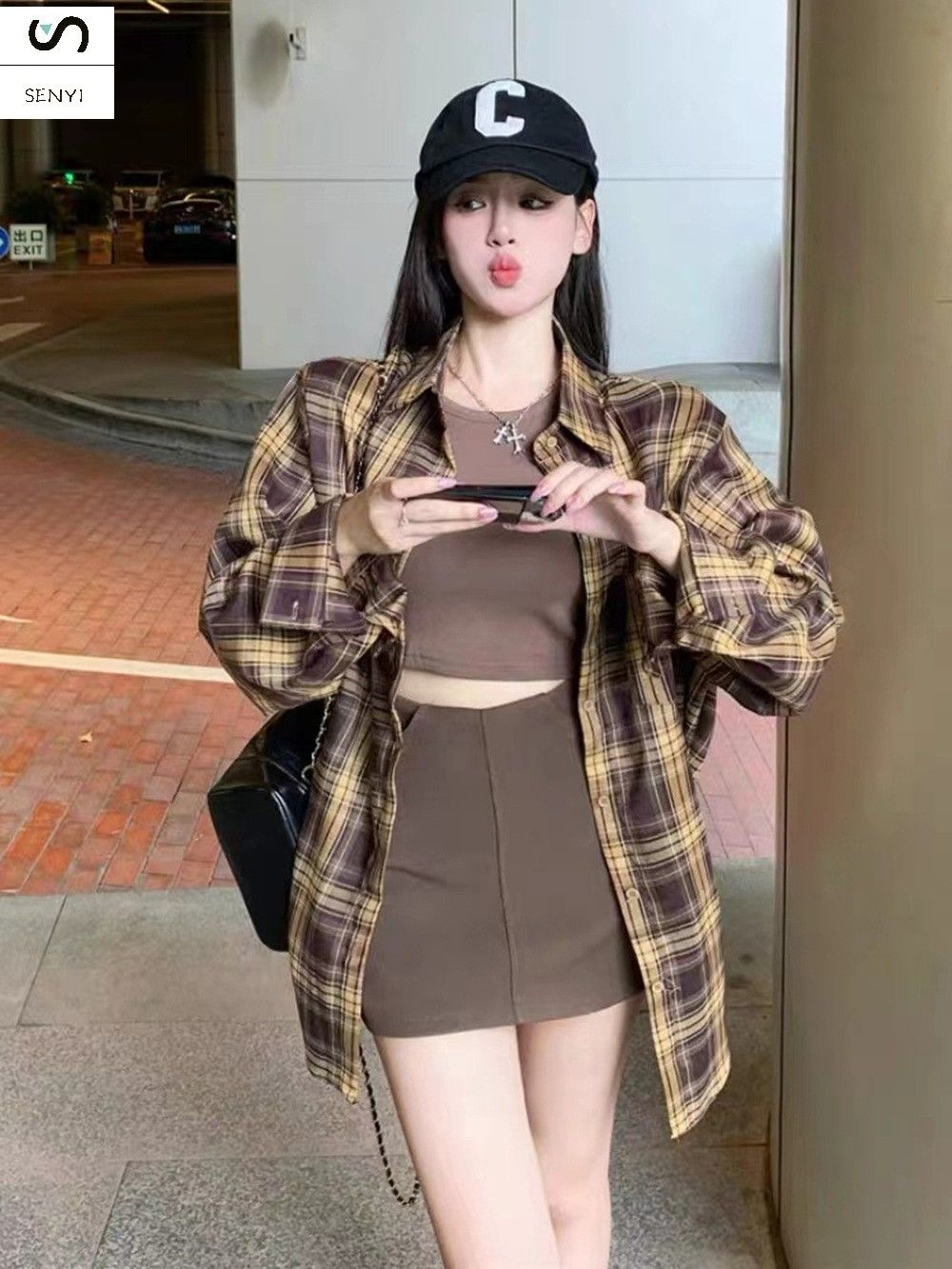 SENYI Plaid shirt women's tops spring and summer Korean loose lazy style retro long-sleeved shirt cardigan jacket