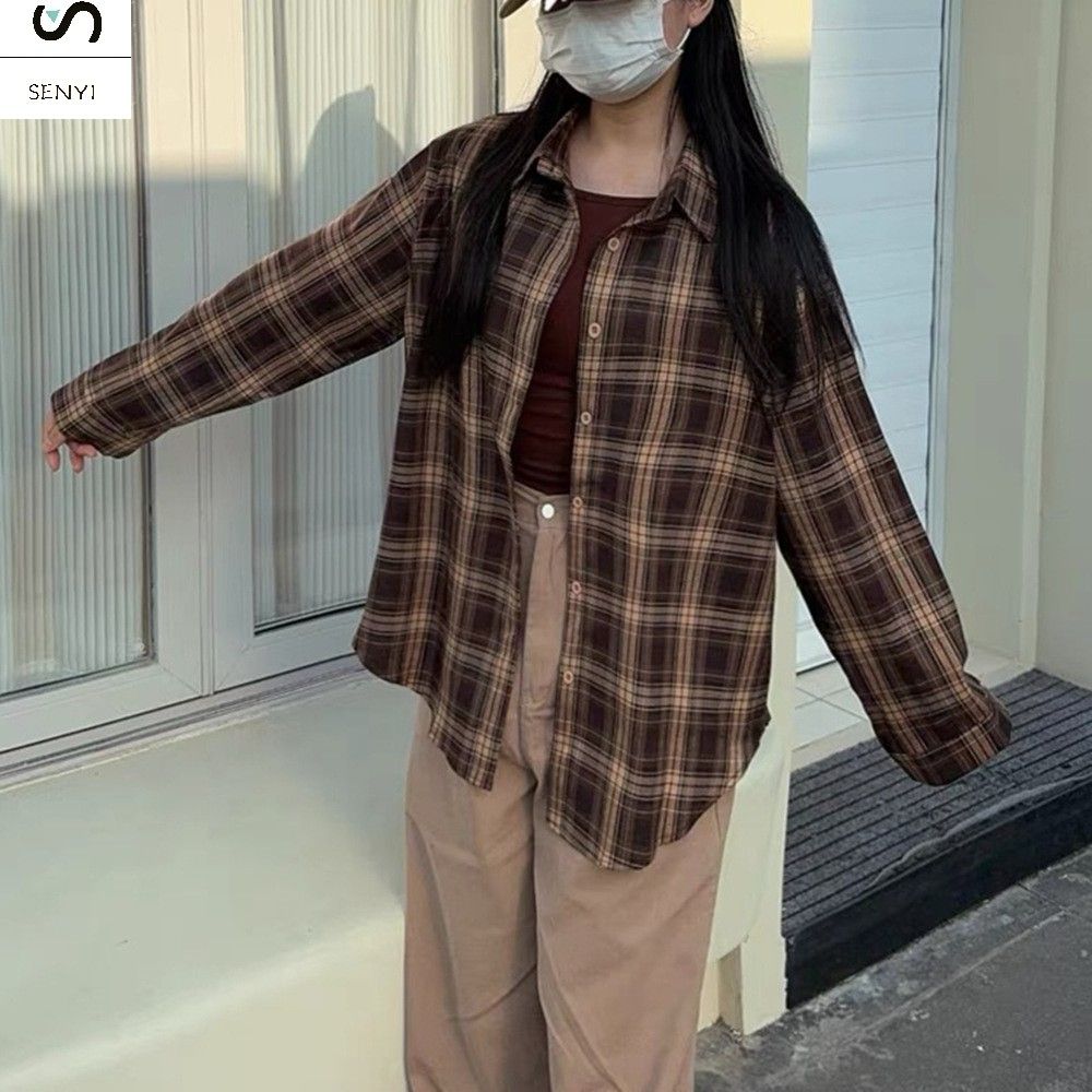 SENYI Plaid shirt women's tops spring and summer Korean loose lazy style retro long-sleeved shirt cardigan jacket