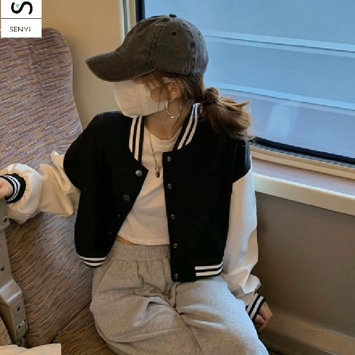 SENYI  Contrast color baseball jacket for women 2025 new autumn design niche loose casual student tops for women