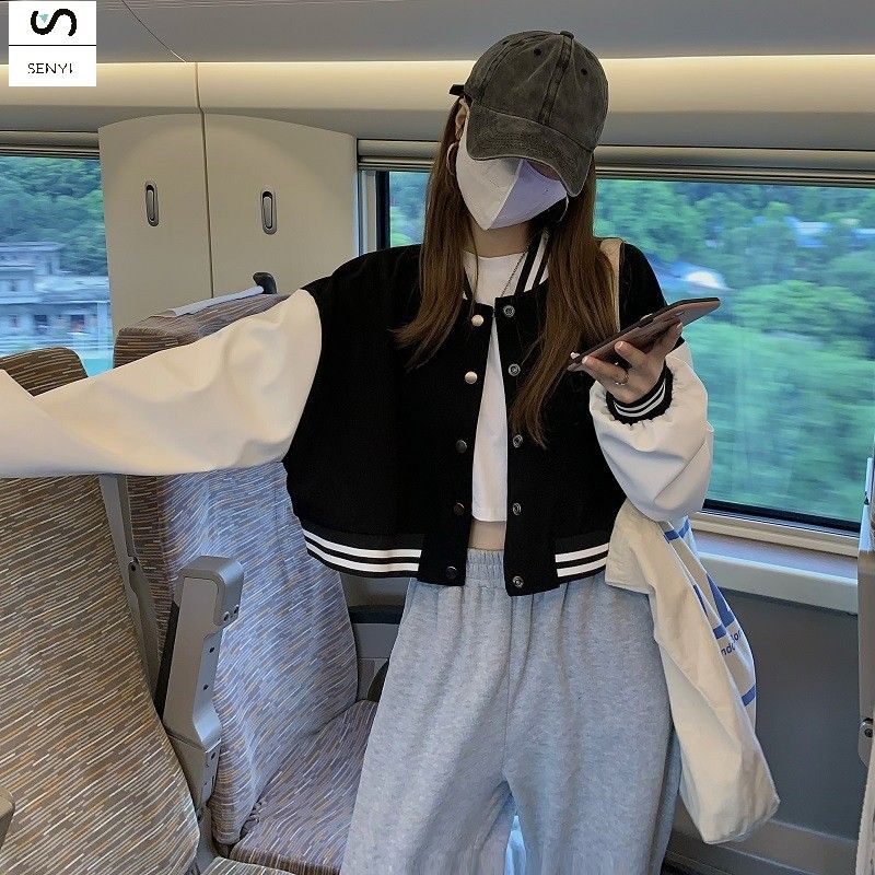 SENYI  Contrast color baseball jacket for women 2025 new autumn design niche loose casual student tops for women