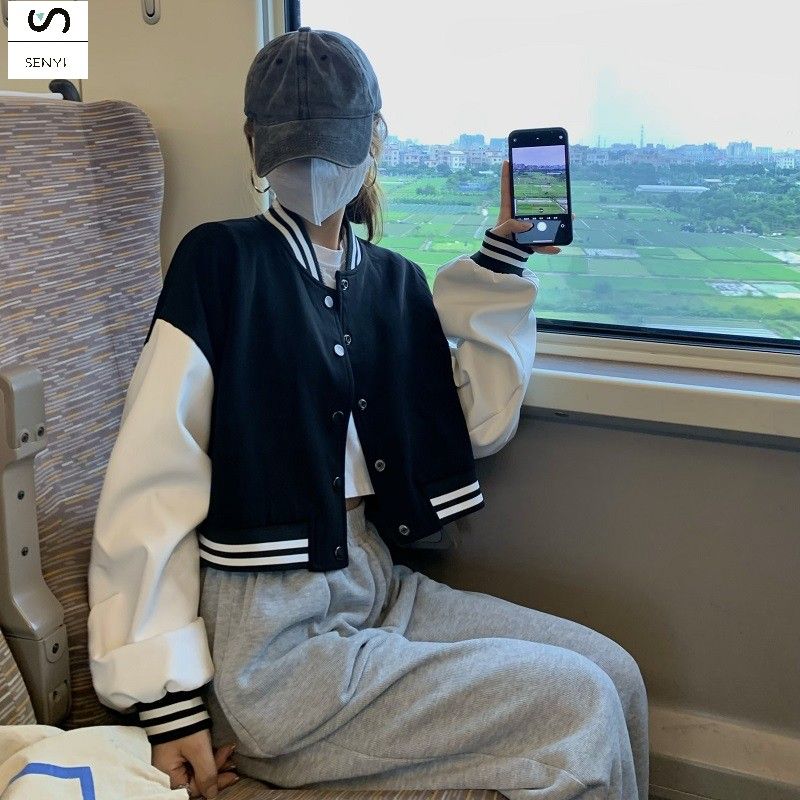 SENYI  Contrast color baseball jacket for women 2025 new autumn design niche loose casual student tops for women