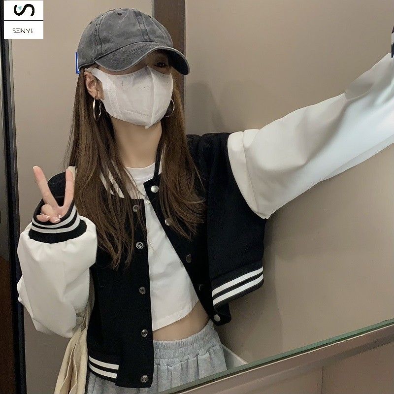 SENYI  Contrast color baseball jacket for women 2025 new autumn design niche loose casual student tops for women
