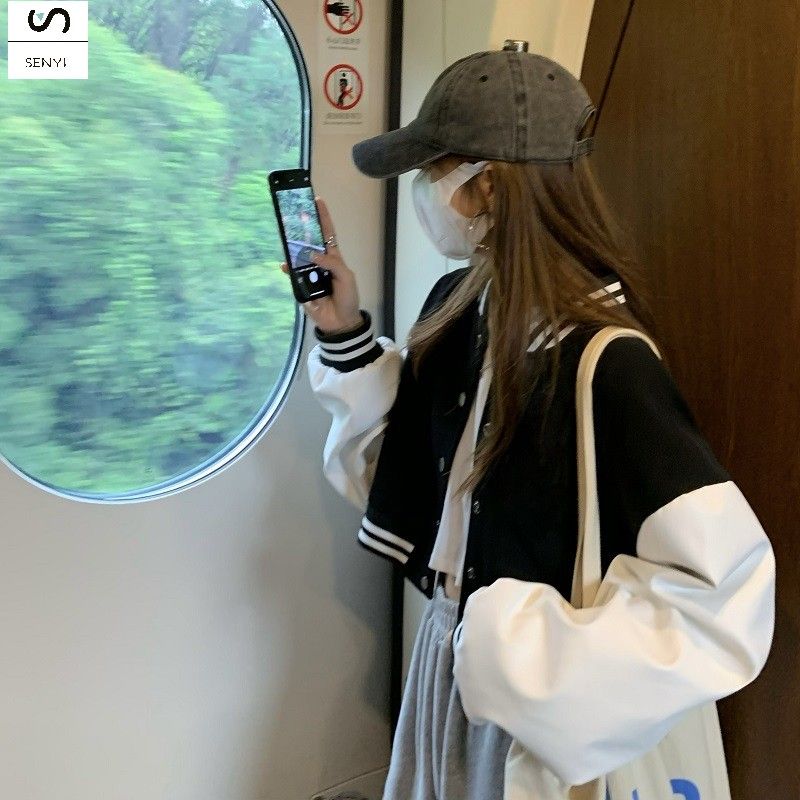 SENYI  Contrast color baseball jacket for women 2025 new autumn design niche loose casual student tops for women