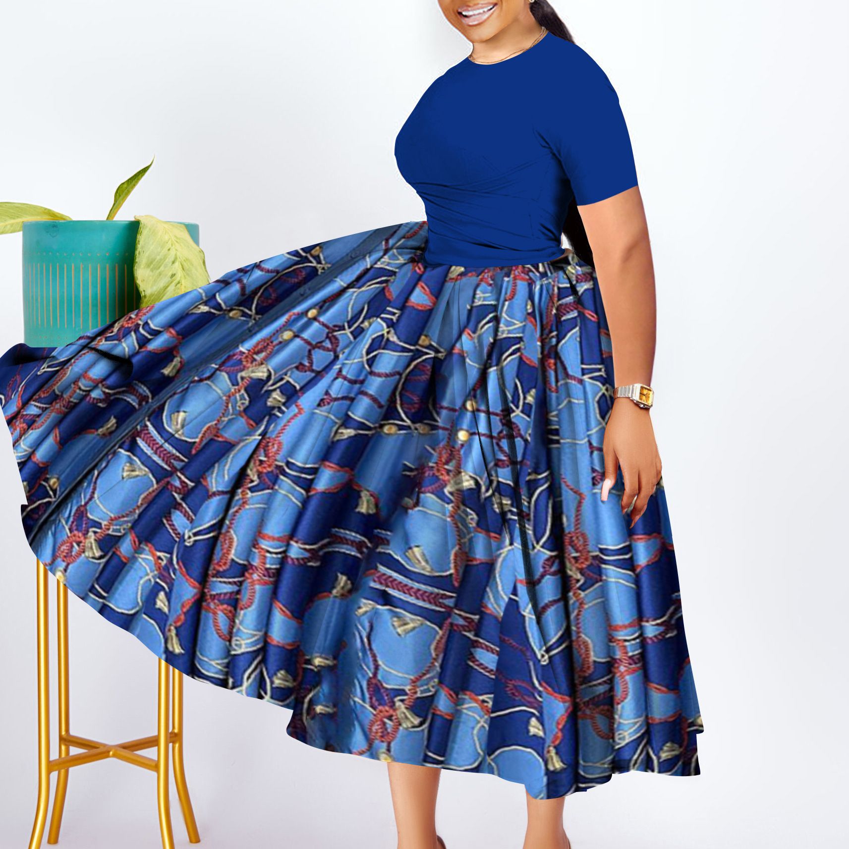 SENYI 2025 Plus size women's clothing Fashion temperament pleated personality tribal retro swing dress