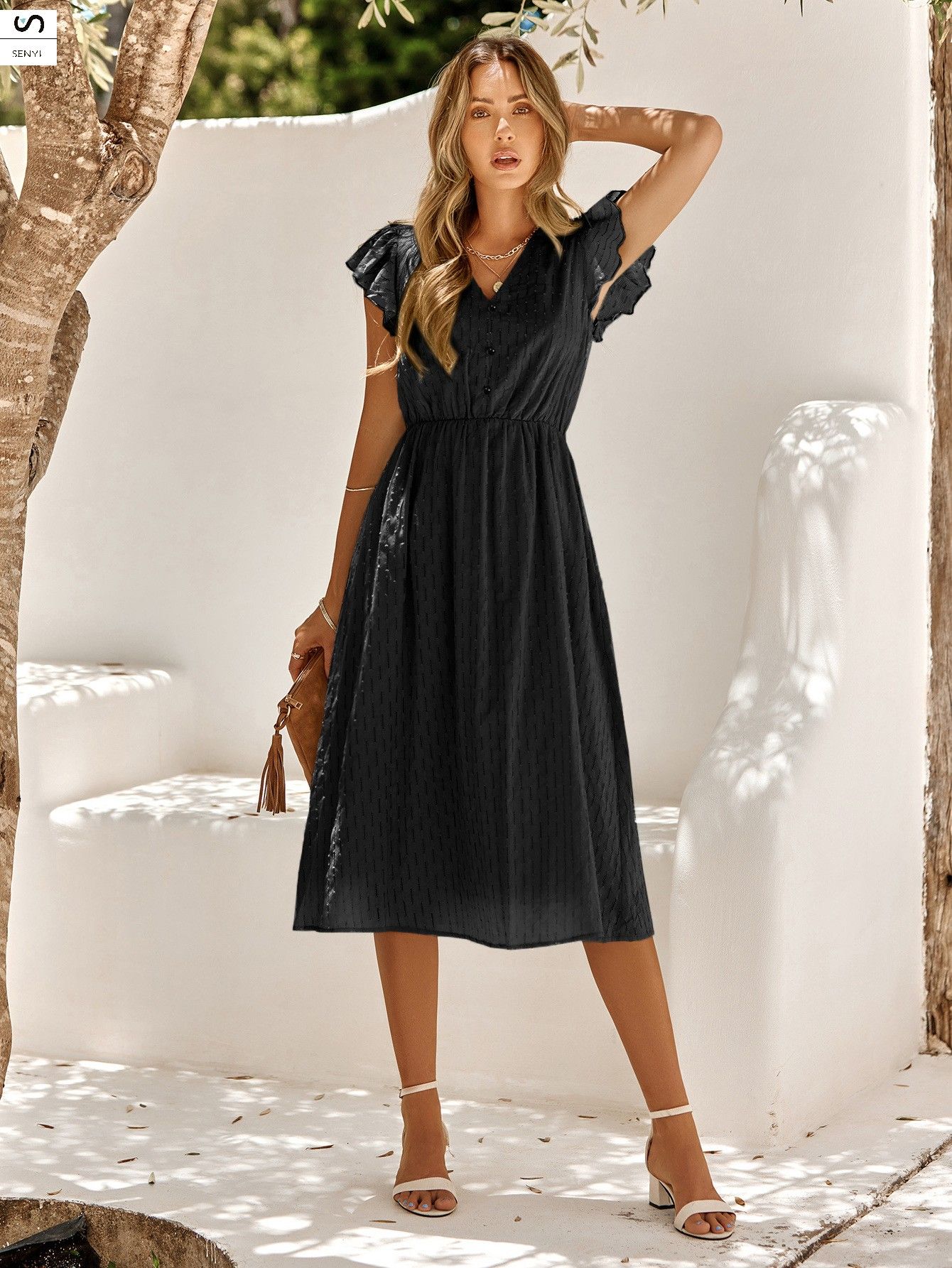 SENYI 2025 Summer New Casual Women's Wear European and American Solid Color V-neck Waist Fresh Style Cotton Dress Women