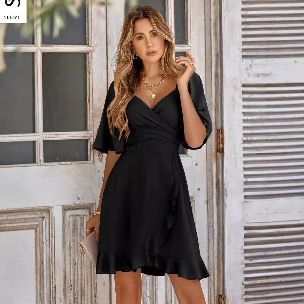 SENYI Fashion 2025 new women's clothing V-neck solid color waist ruffled summer dress female Sexy