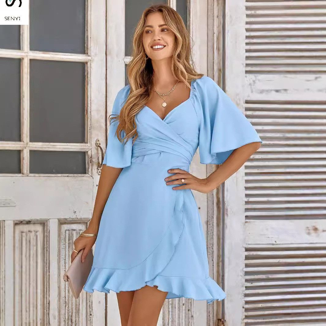 SENYI Fashion 2025 new women's clothing V-neck solid color waist ruffled summer dress female Sexy