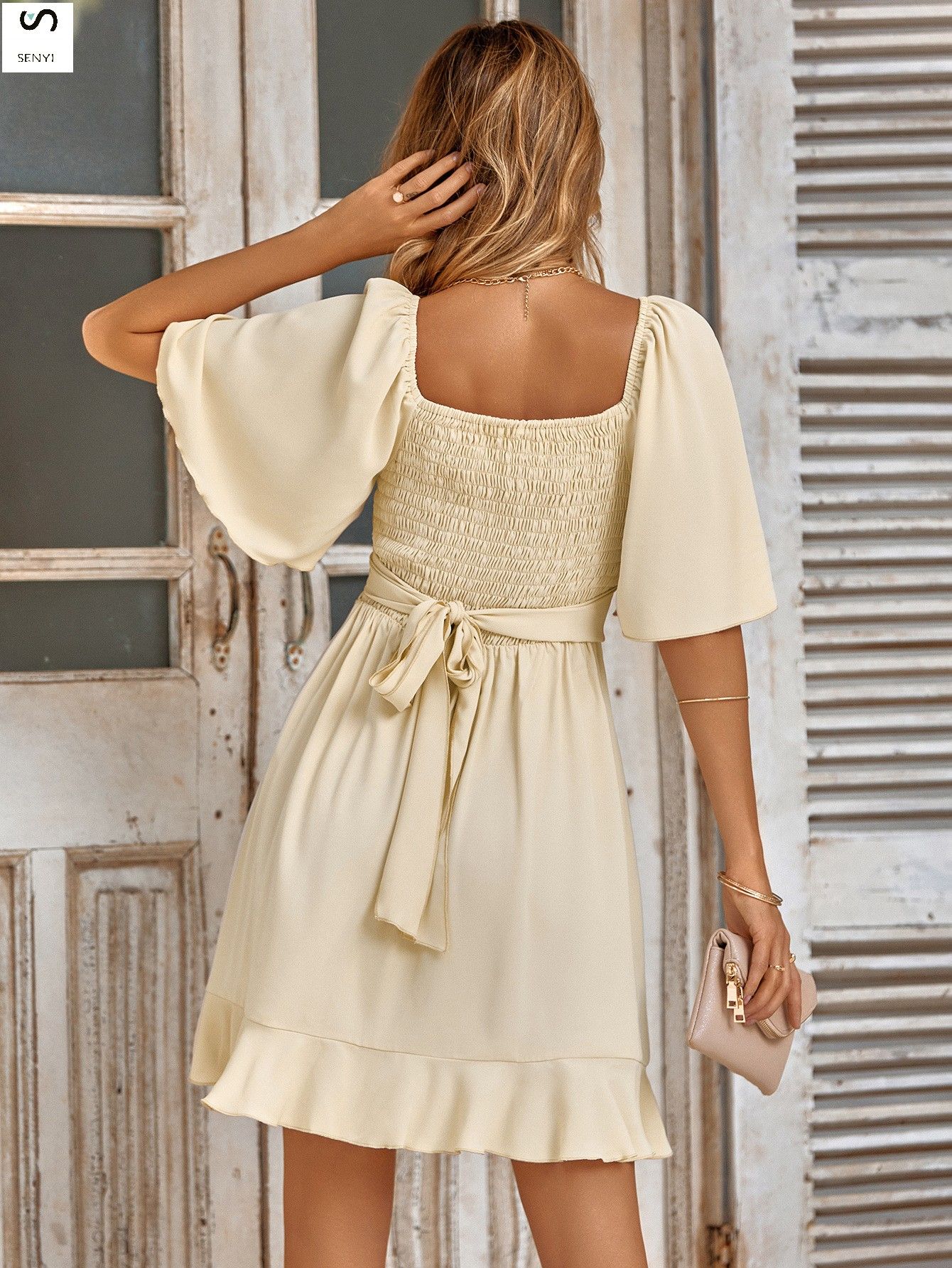 SENYI Fashion 2025 new women's clothing V-neck solid color waist ruffled summer dress female Sexy