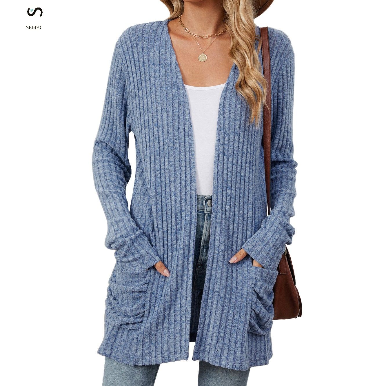 SENYI 2025 rainy season dry season warm fashion autumn and winter new solid color pocket long sleeve bottoming cardigan sweater