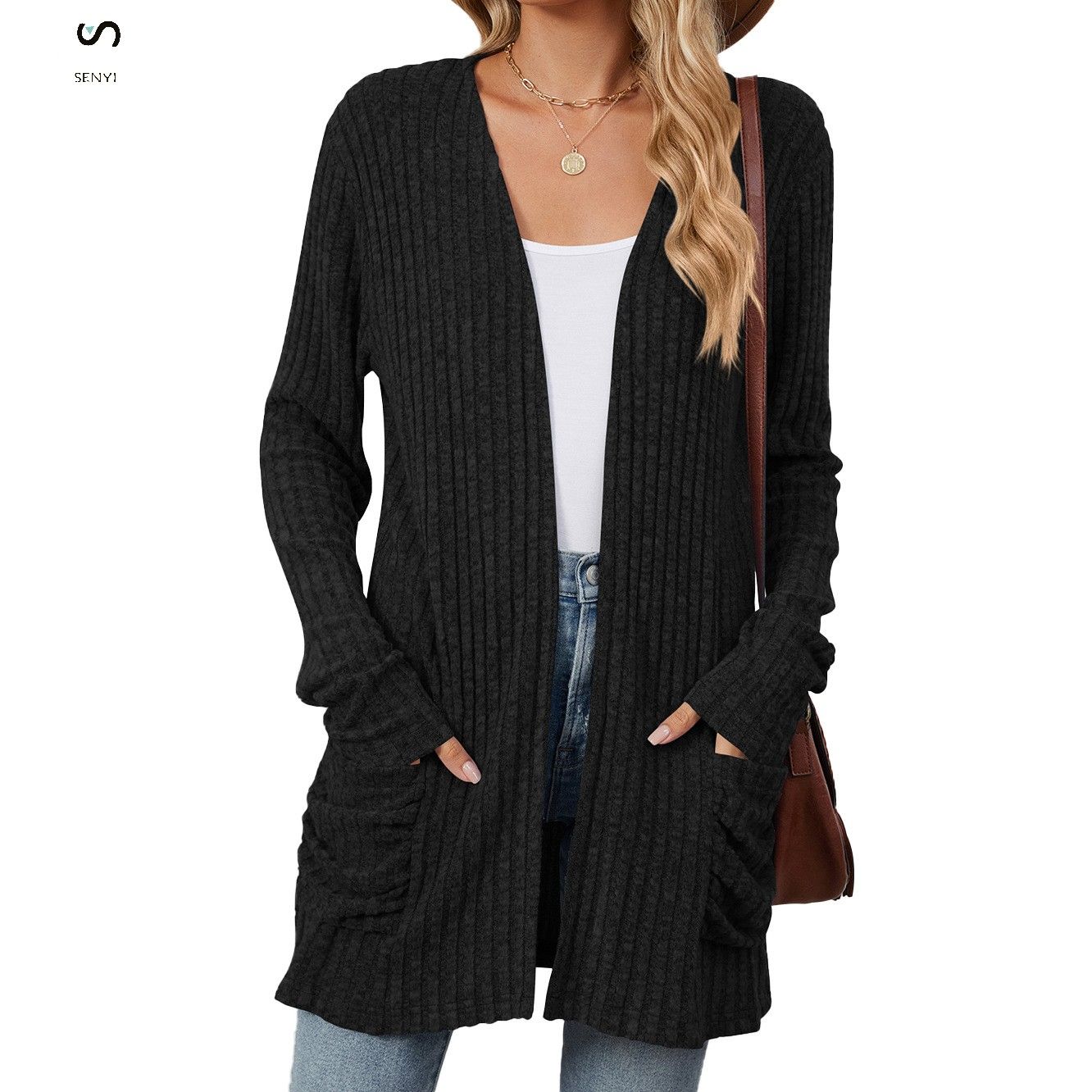 SENYI 2025 rainy season dry season warm fashion autumn and winter new solid color pocket long sleeve bottoming cardigan sweater