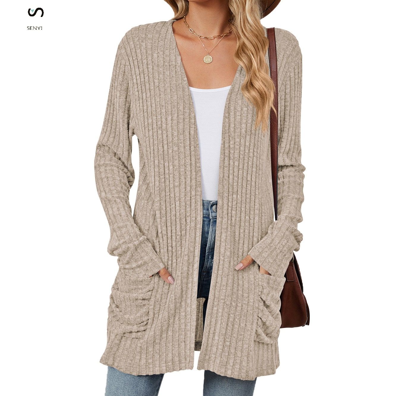 SENYI 2025 rainy season dry season warm fashion autumn and winter new solid color pocket long sleeve bottoming cardigan sweater
