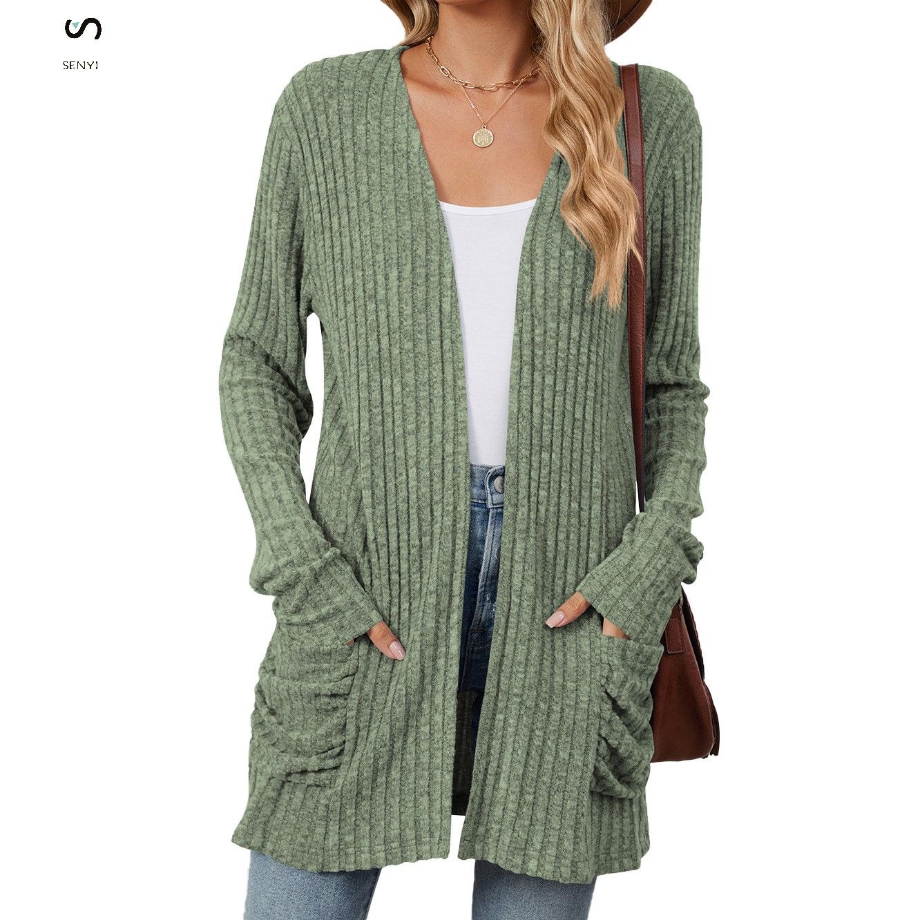 SENYI 2025 rainy season dry season warm fashion autumn and winter new solid color pocket long sleeve bottoming cardigan sweater