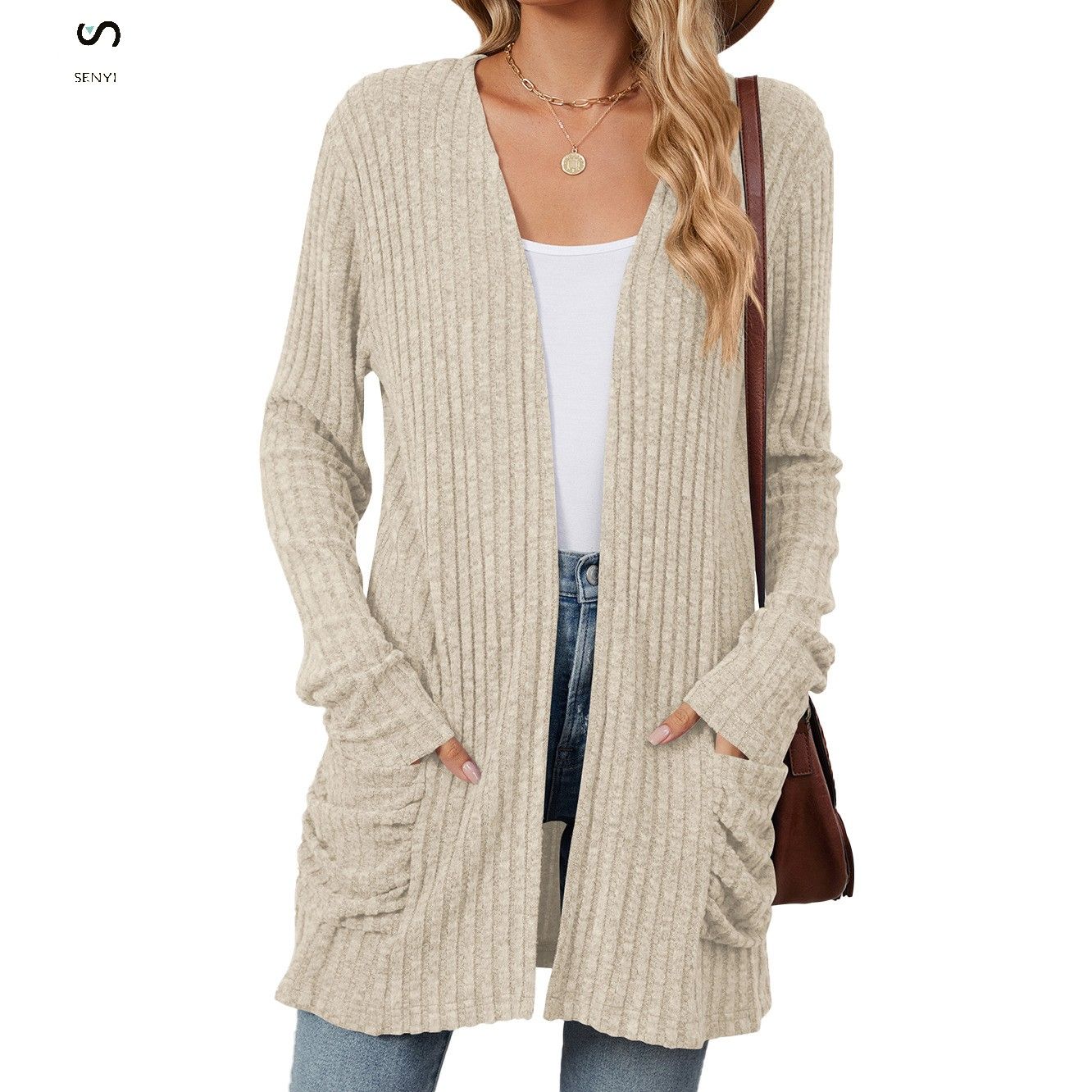 SENYI 2025 rainy season dry season warm fashion autumn and winter new solid color pocket long sleeve bottoming cardigan sweater