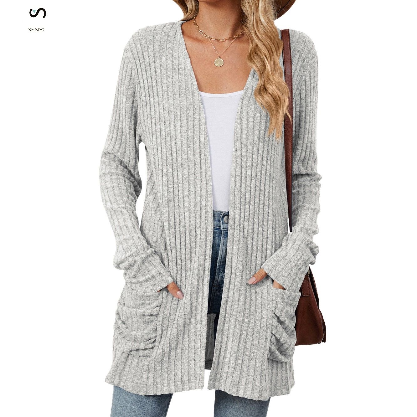 SENYI 2025 rainy season dry season warm fashion autumn and winter new solid color pocket long sleeve bottoming cardigan sweater