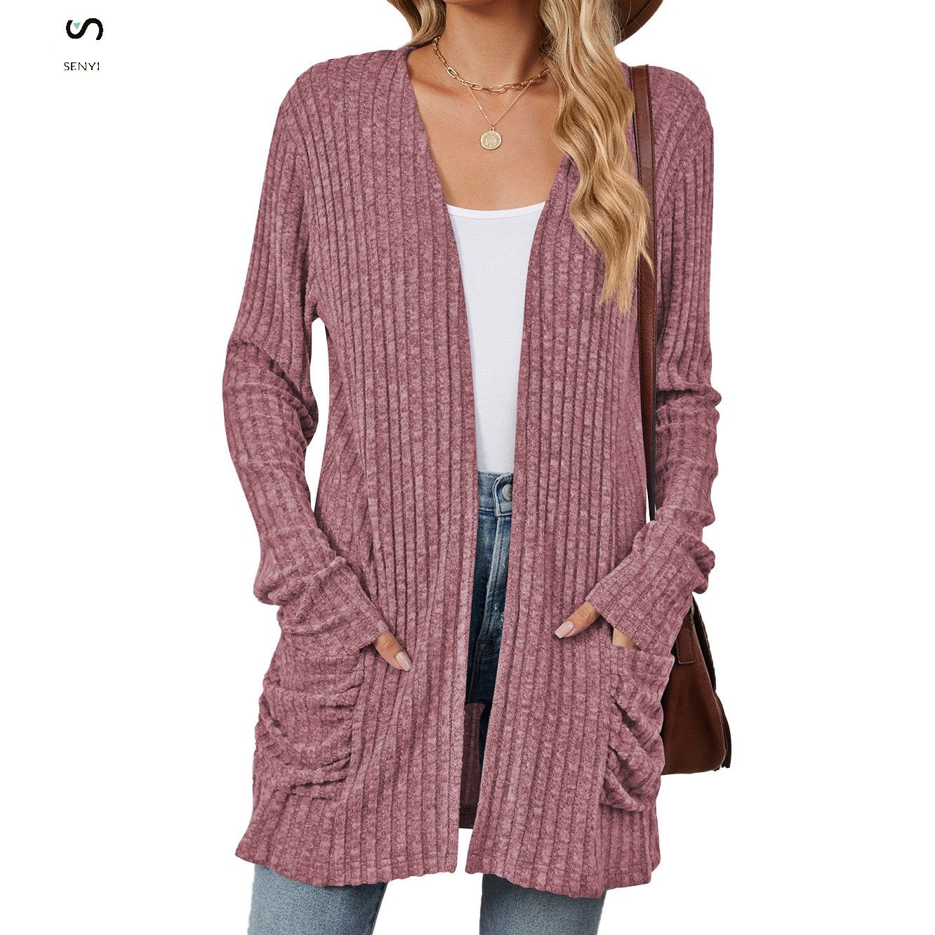 SENYI 2025 rainy season dry season warm fashion autumn and winter new solid color pocket long sleeve bottoming cardigan sweater