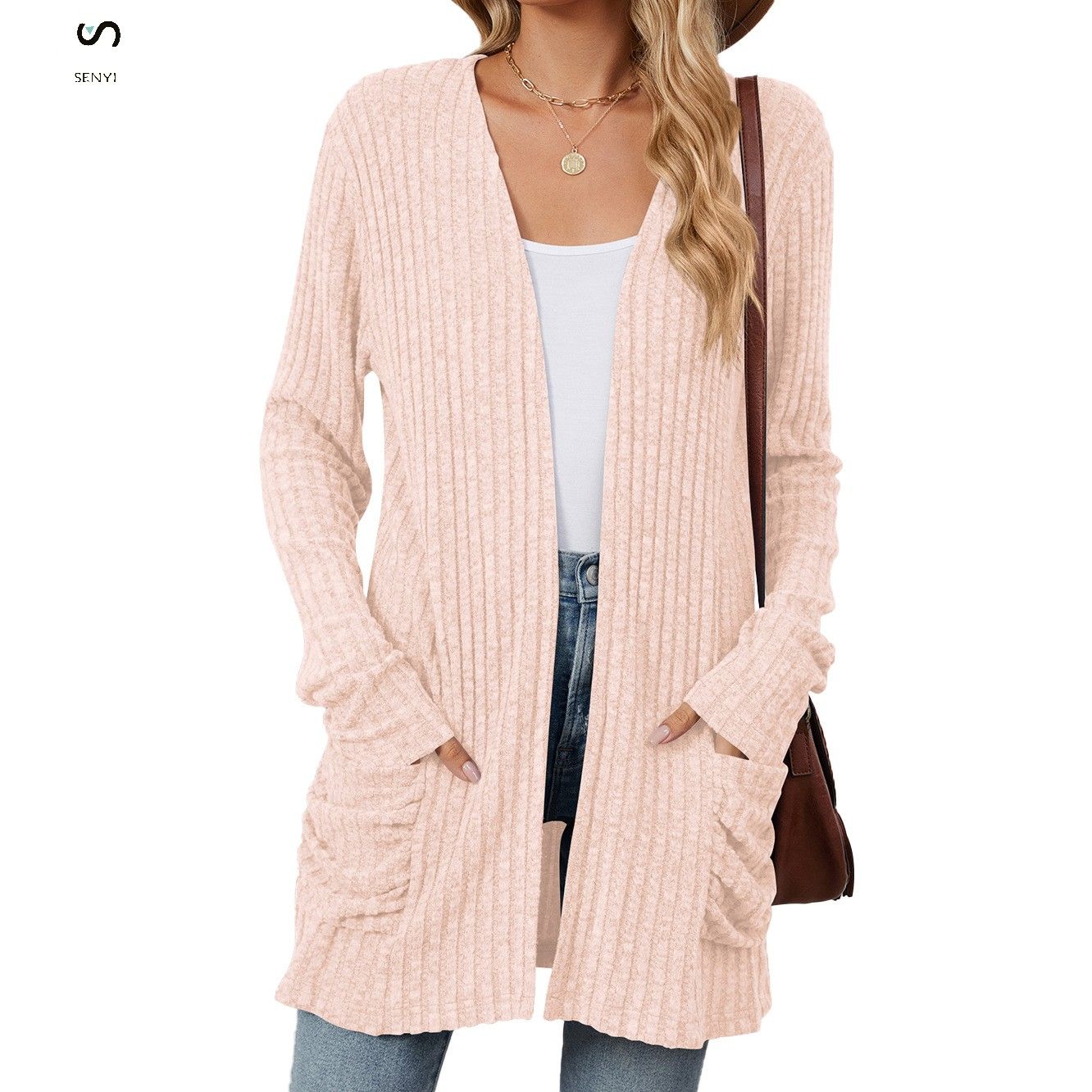 SENYI 2025 rainy season dry season warm fashion autumn and winter new solid color pocket long sleeve bottoming cardigan sweater