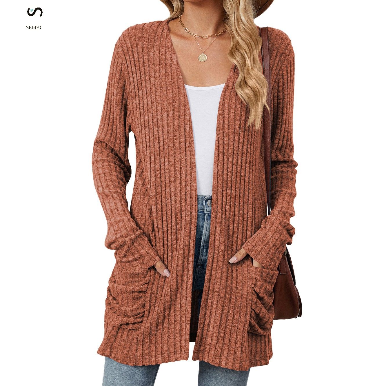 SENYI 2025 rainy season dry season warm fashion autumn and winter new solid color pocket long sleeve bottoming cardigan sweater