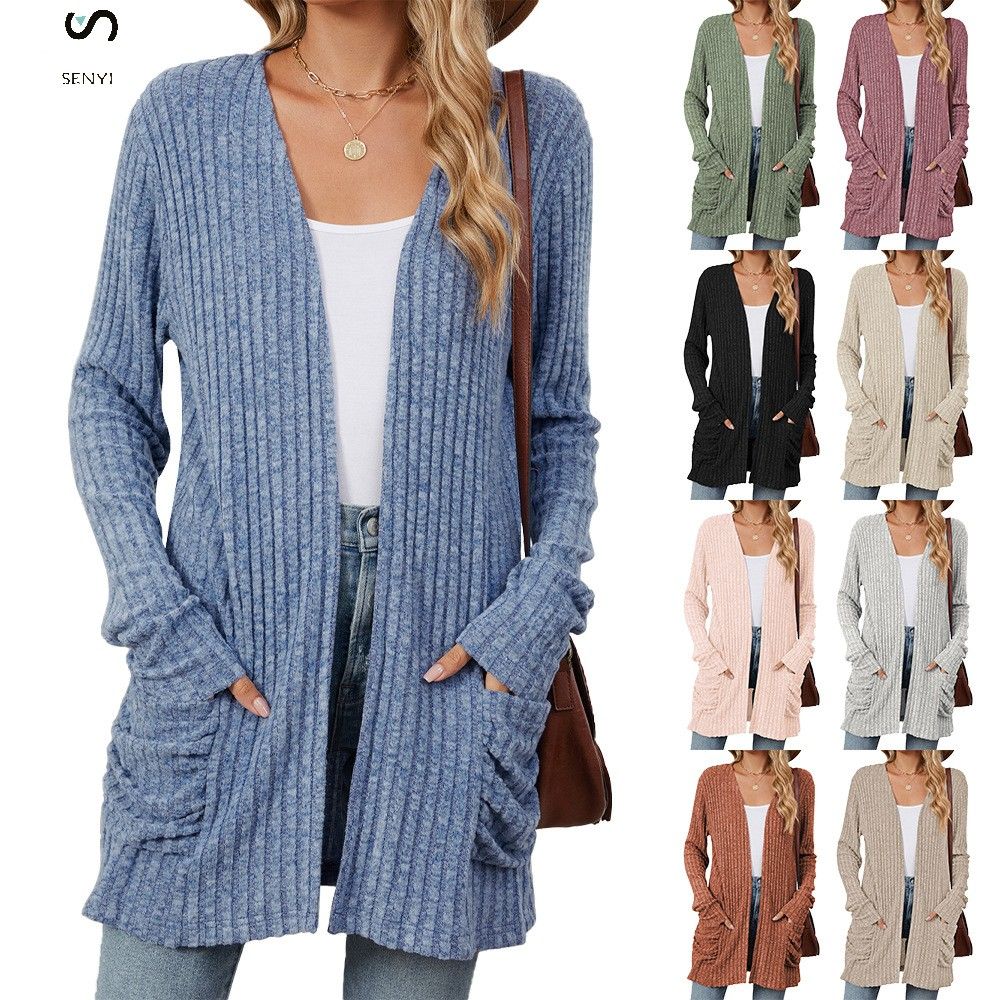SENYI 2025 rainy season dry season warm fashion autumn and winter new solid color pocket long sleeve bottoming cardigan sweater