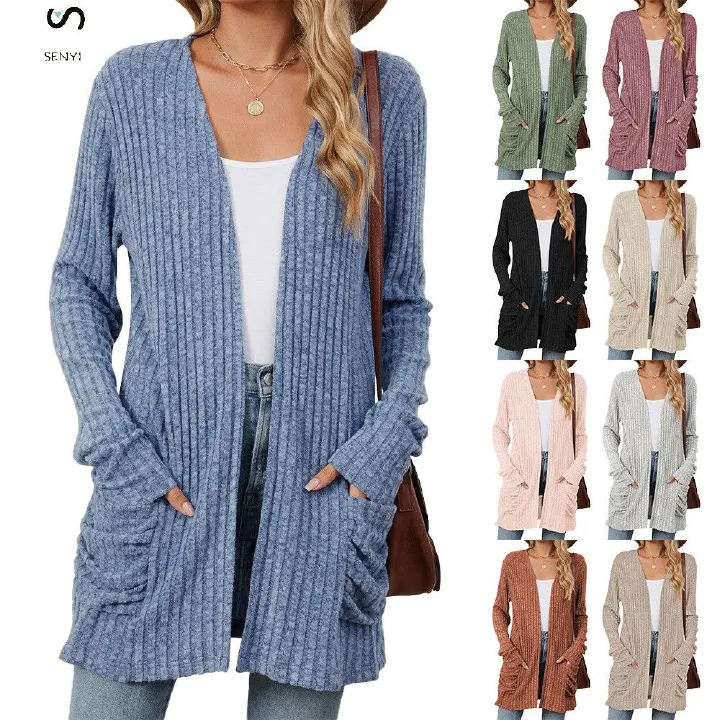 SENYI 2025 rainy season dry season warm fashion autumn and winter new solid color pocket long sleeve bottoming cardigan sweater
