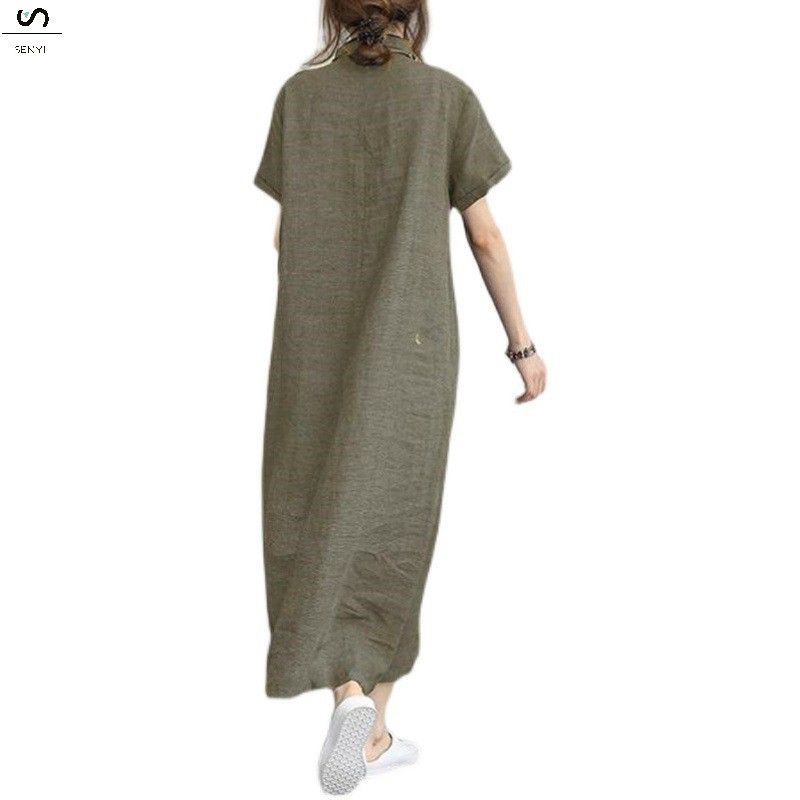 SENYI New POLO collar cotton and linen lapel short sleeve loose pocket temperament women's casual dress