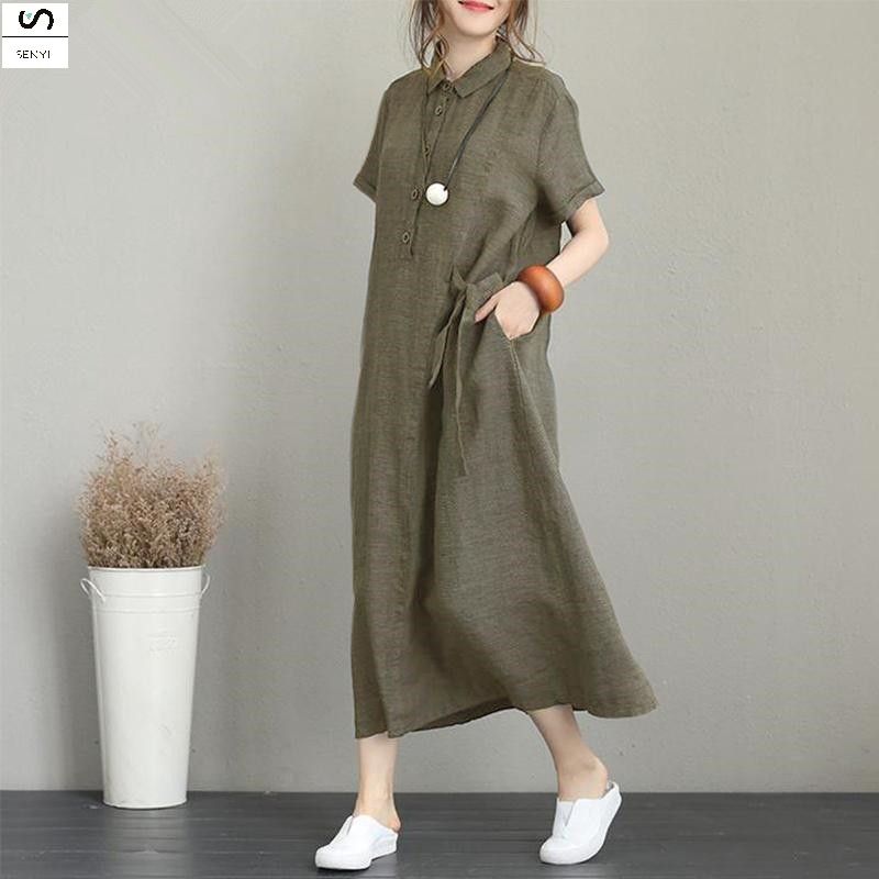 SENYI New POLO collar cotton and linen lapel short sleeve loose pocket temperament women's casual dress