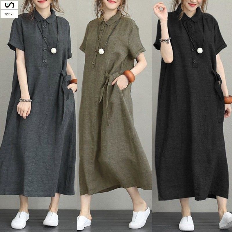 SENYI New POLO collar cotton and linen lapel short sleeve loose pocket temperament women's casual dress