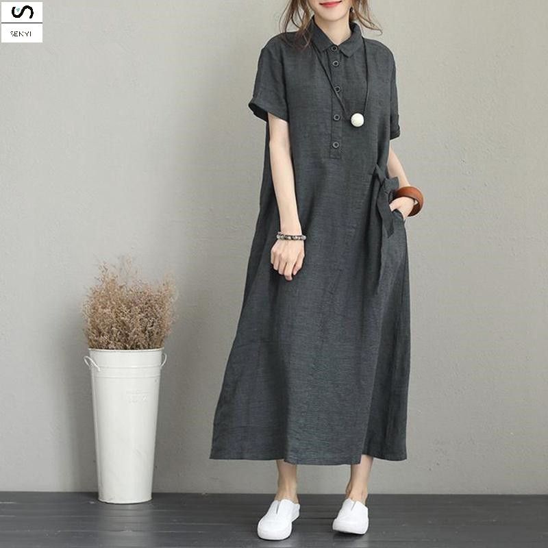 SENYI New POLO collar cotton and linen lapel short sleeve loose pocket temperament women's casual dress