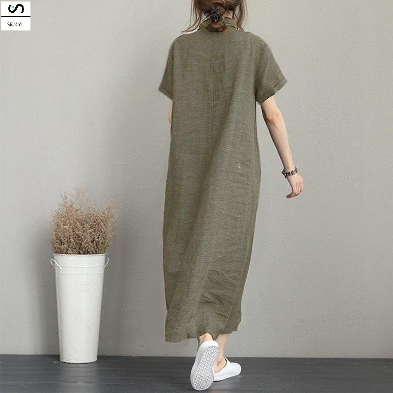 SENYI New POLO collar cotton and linen lapel short sleeve loose pocket temperament women's casual dress