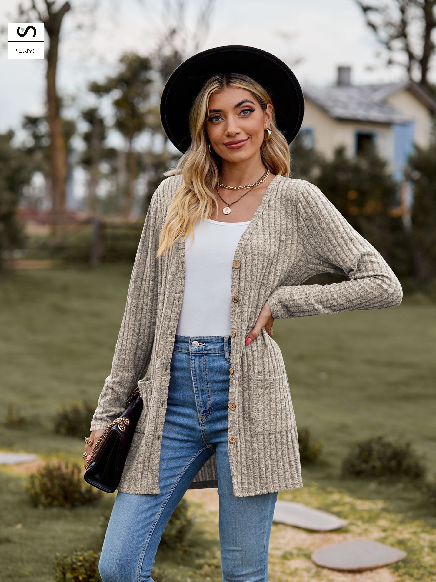 SENYI 2025 autumn new women's clothing women's sanded pit stripes solid color long-sleeved ladies cardigan jacket