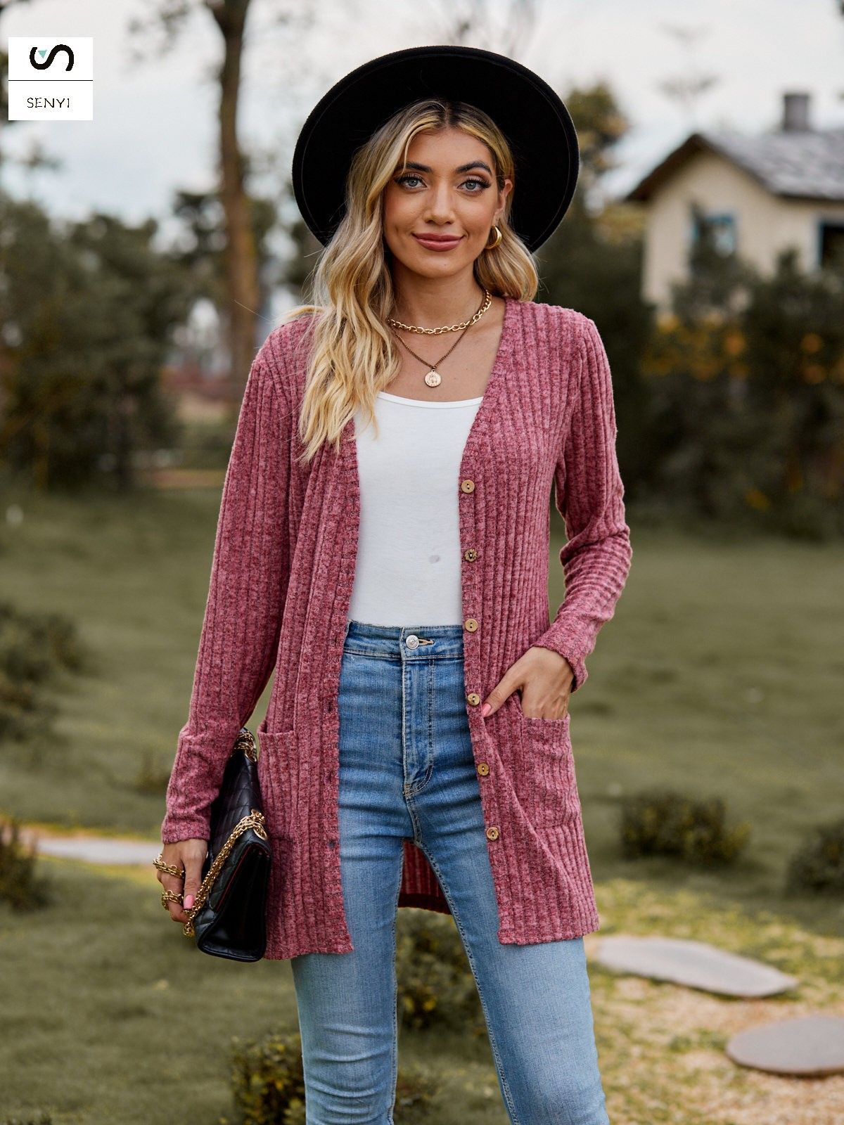 SENYI 2025 autumn new women's clothing women's sanded pit stripes solid color long-sleeved ladies cardigan jacket