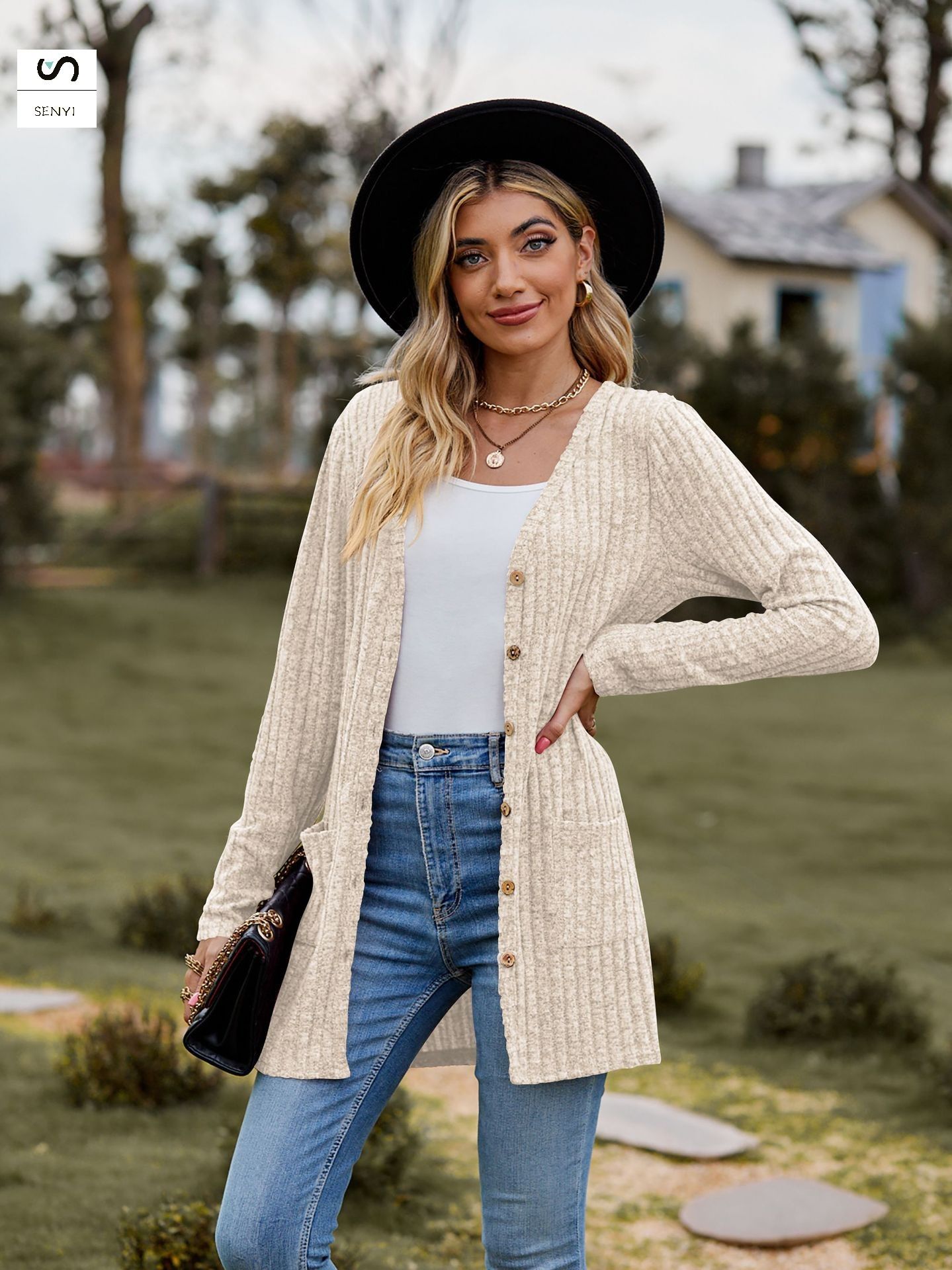 SENYI 2025 autumn new women's clothing women's sanded pit stripes solid color long-sleeved ladies cardigan jacket
