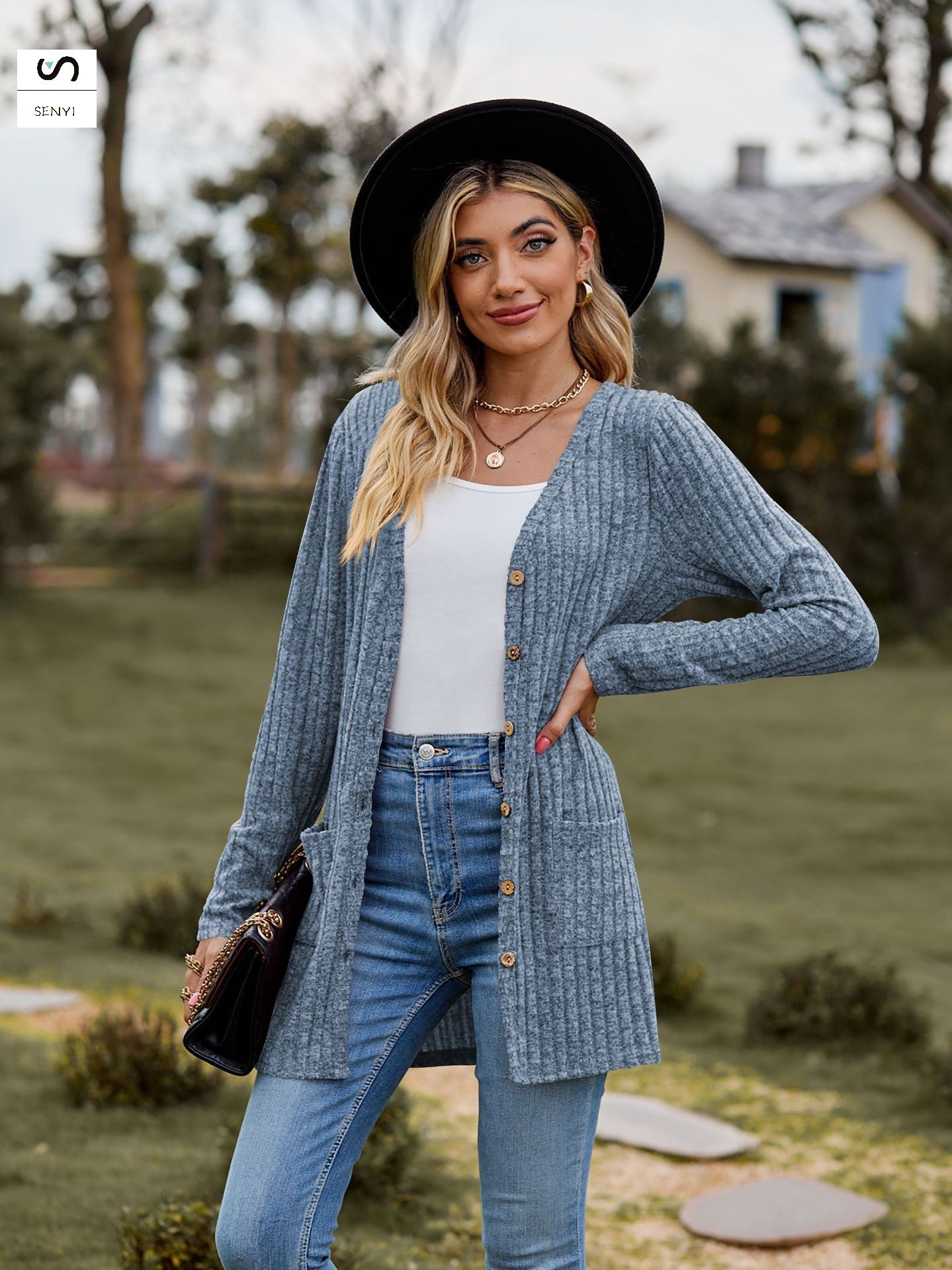 SENYI 2025 autumn new women's clothing women's sanded pit stripes solid color long-sleeved ladies cardigan jacket