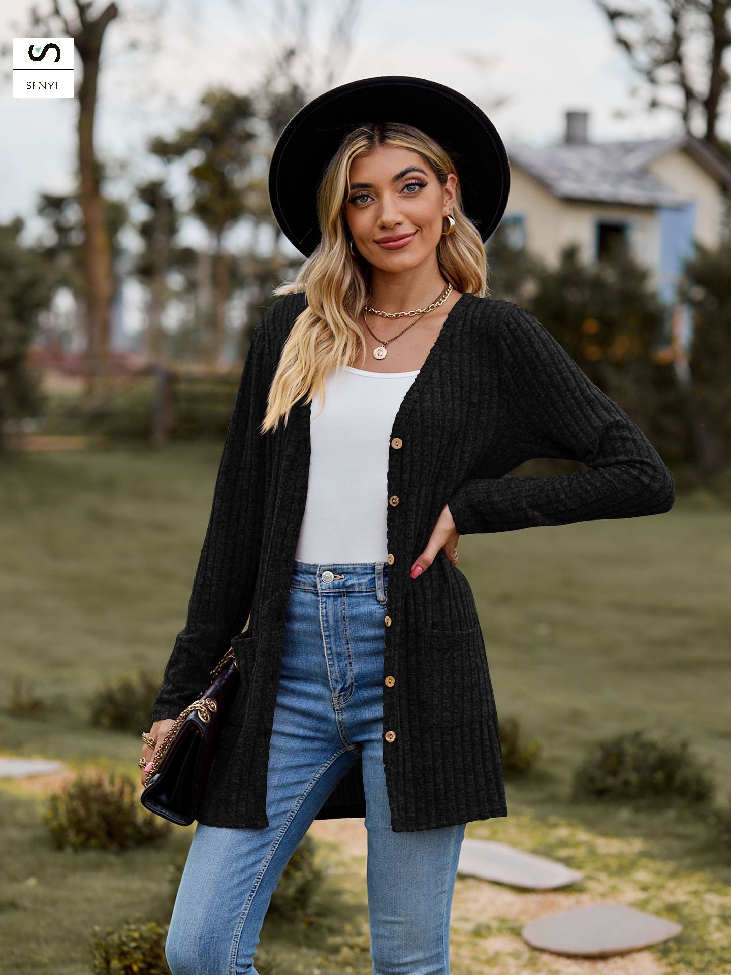 SENYI 2025 autumn new women's clothing women's sanded pit stripes solid color long-sleeved ladies cardigan jacket