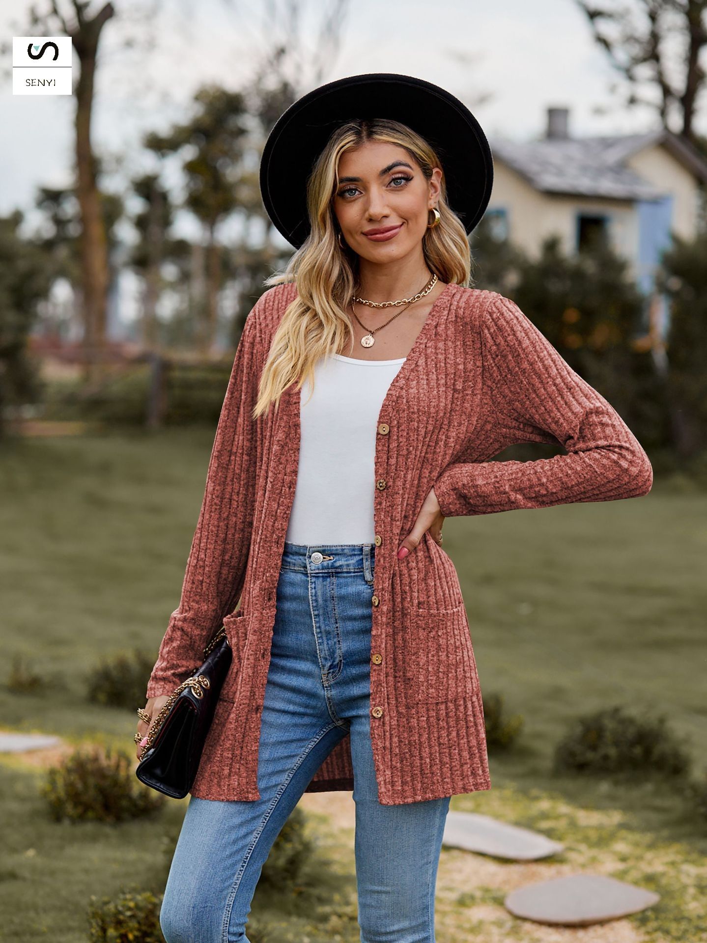 SENYI 2025 autumn new women's clothing women's sanded pit stripes solid color long-sleeved ladies cardigan jacket