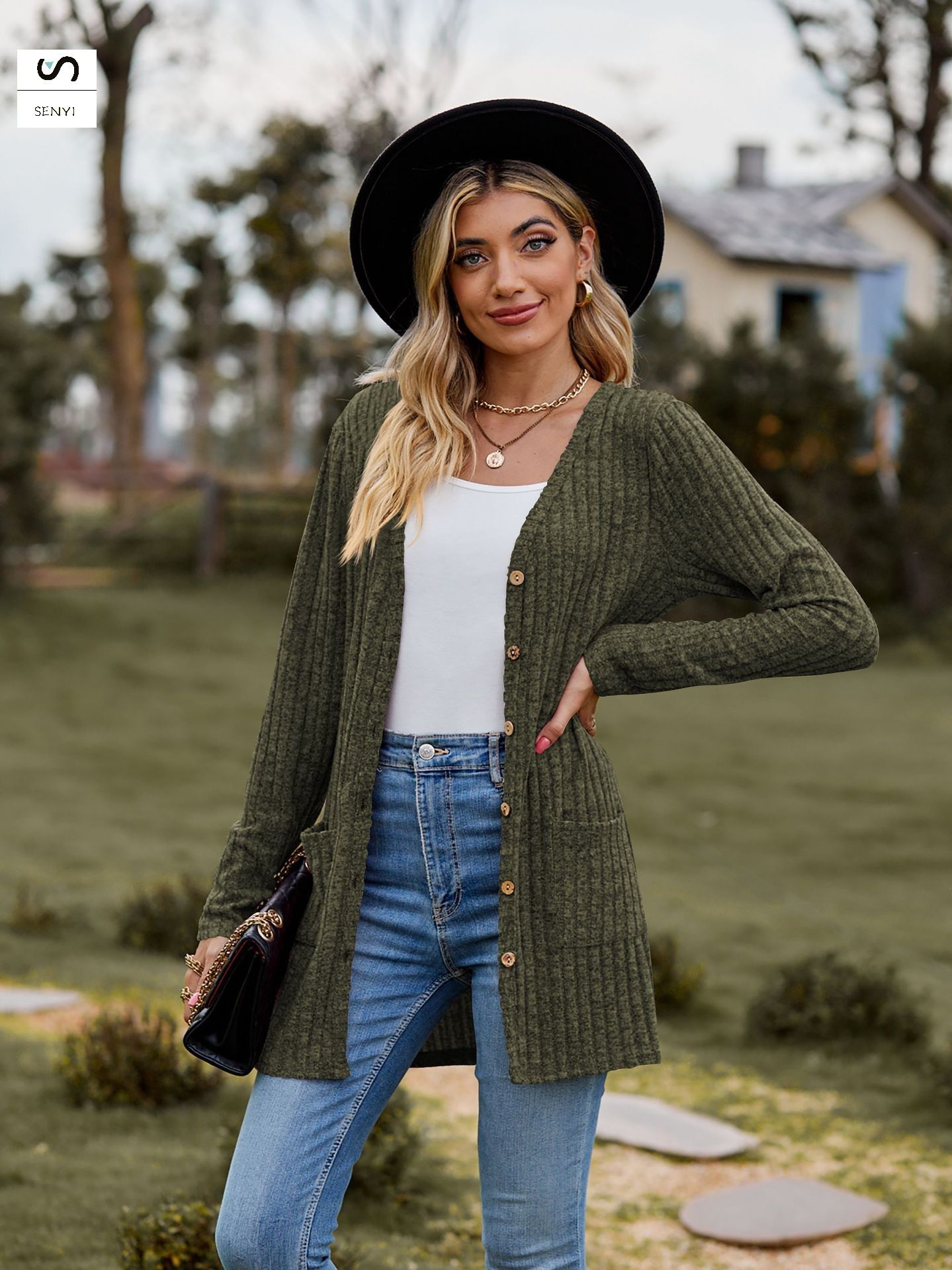 SENYI 2025 autumn new women's clothing women's sanded pit stripes solid color long-sleeved ladies cardigan jacket