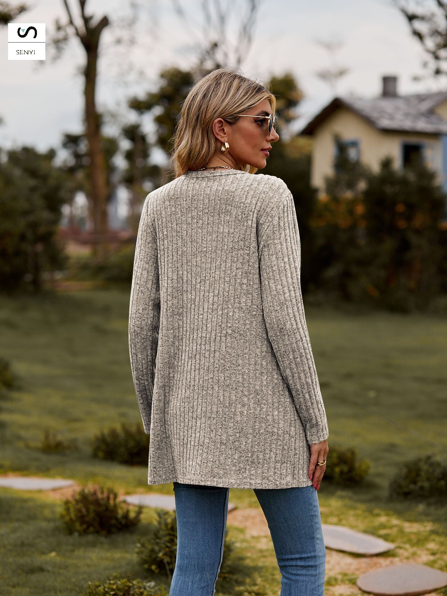 SENYI 2025 autumn new women's clothing women's sanded pit stripes solid color long-sleeved ladies cardigan jacket