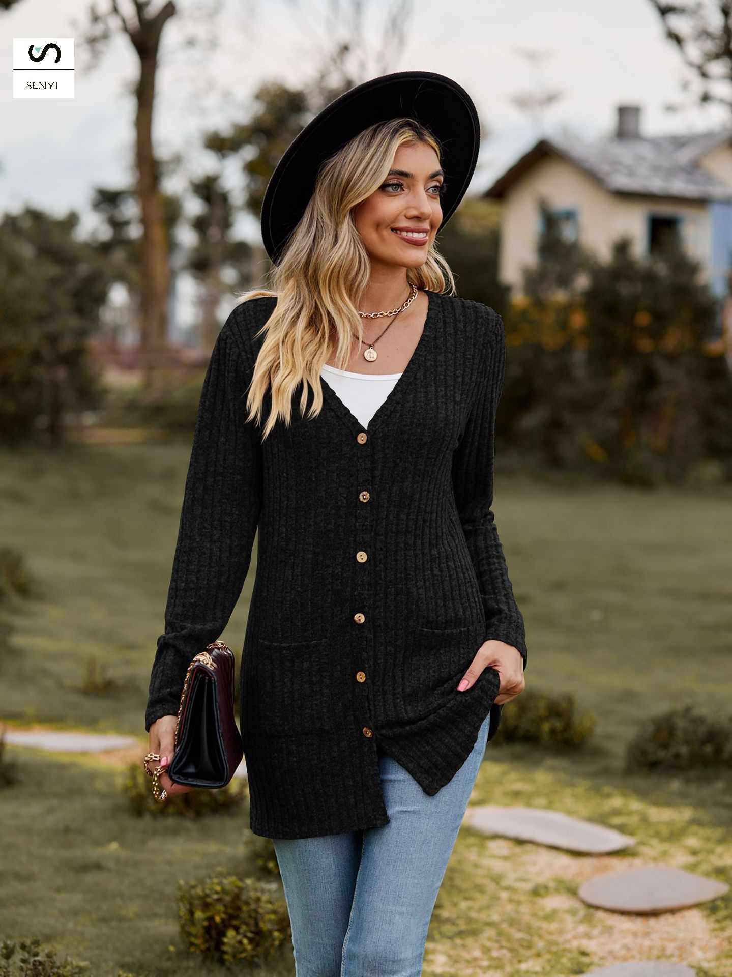 SENYI 2025 autumn new women's clothing women's sanded pit stripes solid color long-sleeved ladies cardigan jacket