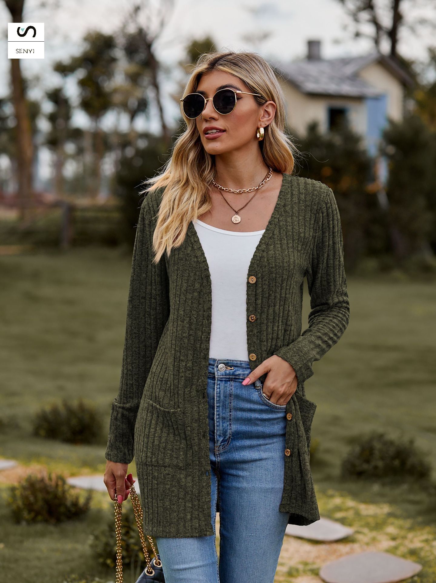 SENYI 2025 autumn new women's clothing women's sanded pit stripes solid color long-sleeved ladies cardigan jacket
