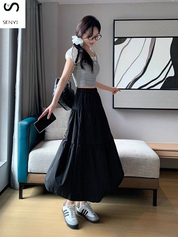 SENYI French gentle style black skirt summer thin female Korean version loose high waist temperament medium length cake A-line skirt
