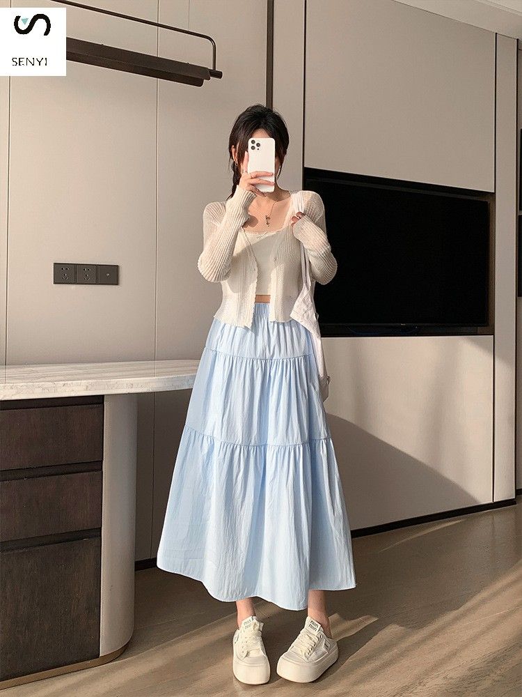 SENYI French gentle style black skirt summer thin female Korean version loose high waist temperament medium length cake A-line skirt