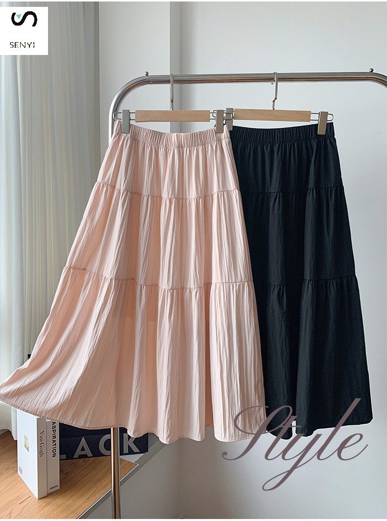 SENYI French gentle style black skirt summer thin female Korean version loose high waist temperament medium length cake A-line skirt