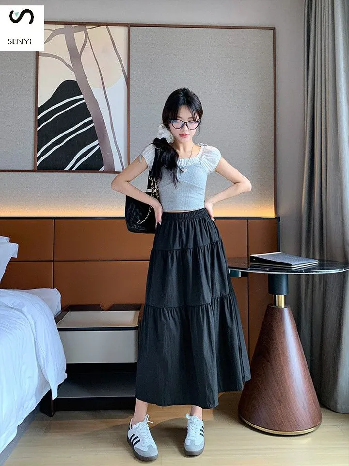 SENYI French gentle style black skirt summer thin female Korean version loose high waist temperament medium length cake A-line skirt