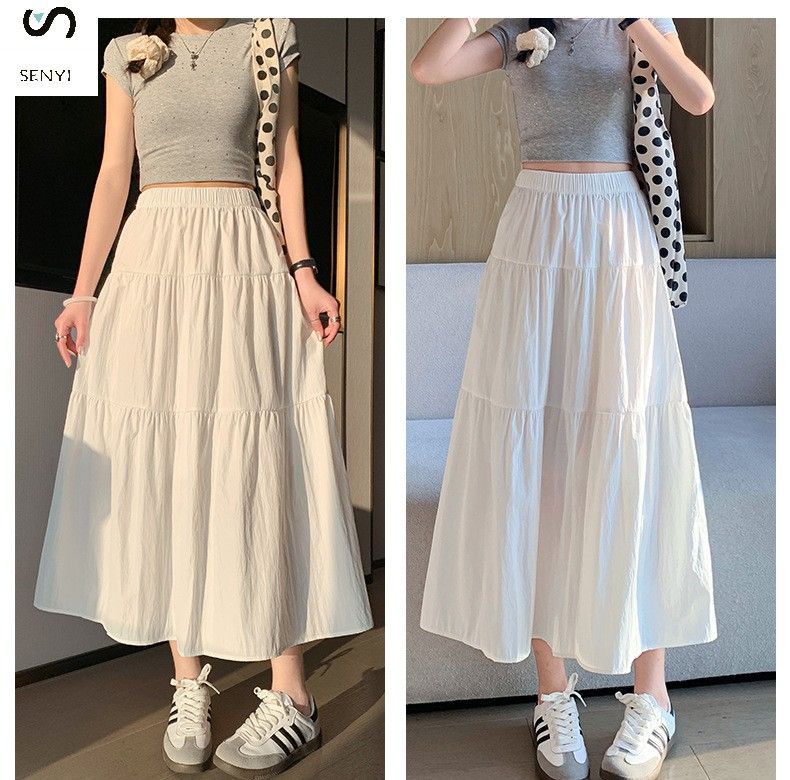 SENYI French gentle style black skirt summer thin female Korean version loose high waist temperament medium length cake A-line skirt